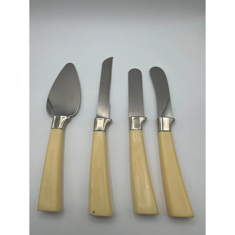Vintage Regent Sheffield 4pc Cheese Appetizer Set Cream Faux Wood Leaf England